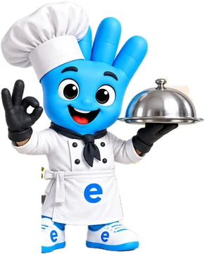 e-eldiven maskotu, aşçı kıyafetli, servis kapağı tutan — Restoran & mutfak