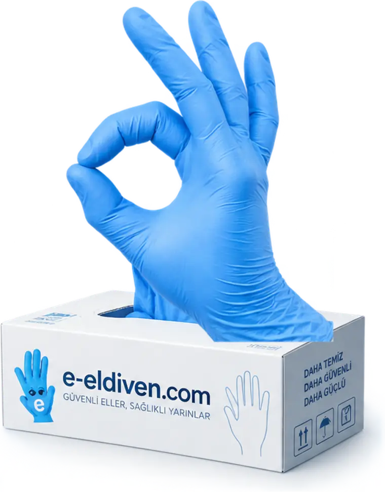 e-eldiven.com kutusunun önünde "tamam" işareti yapan mavi nitril eldivenli el