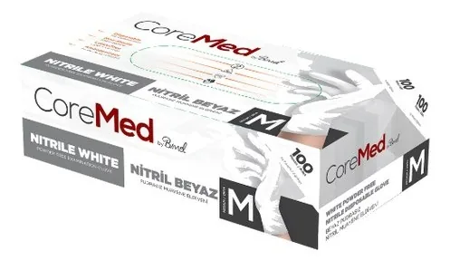 Bimel CoreMed Nitril Pudrasız Beyaz Muayene Eldiveni kutu görseli