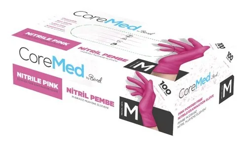 Bimel CoreMed Nitril Pudrasız Pembe Muayene Eldiveni kutu görseli
