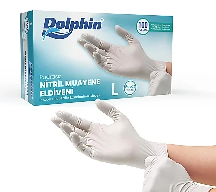Dolphin Pudrasız Beyaz Nitril Muayene Eldiveni kutu görseli