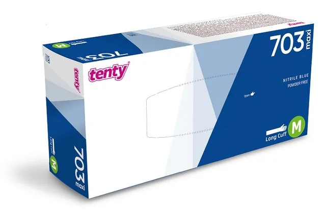 Tenty 703 Maxi Nitril Pudrasız Uzun Konçlu Muayene Eldiveni kutu görseli